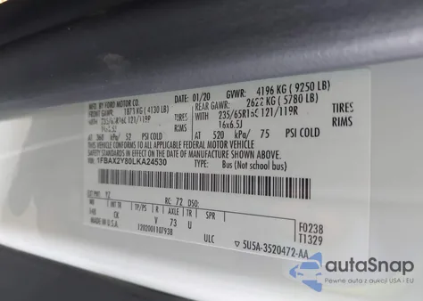 2020 Ford Transit-350 Passenger Van Xlt z USA, uszkodzony, nr VIN 1FBAX2Y80LKA24530